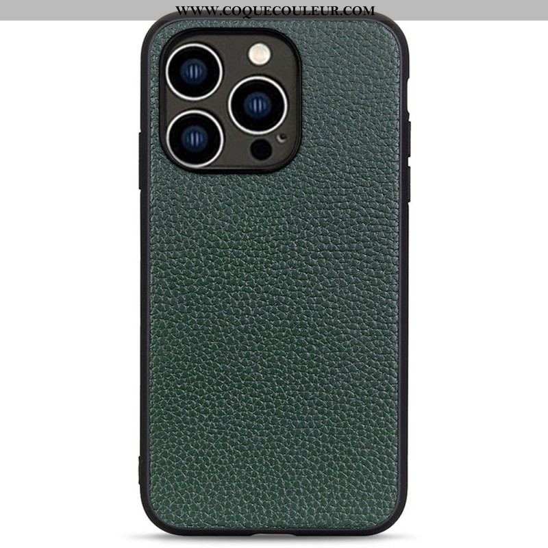 Coque iPhone 14 Pro Véritable Cuir Litchi