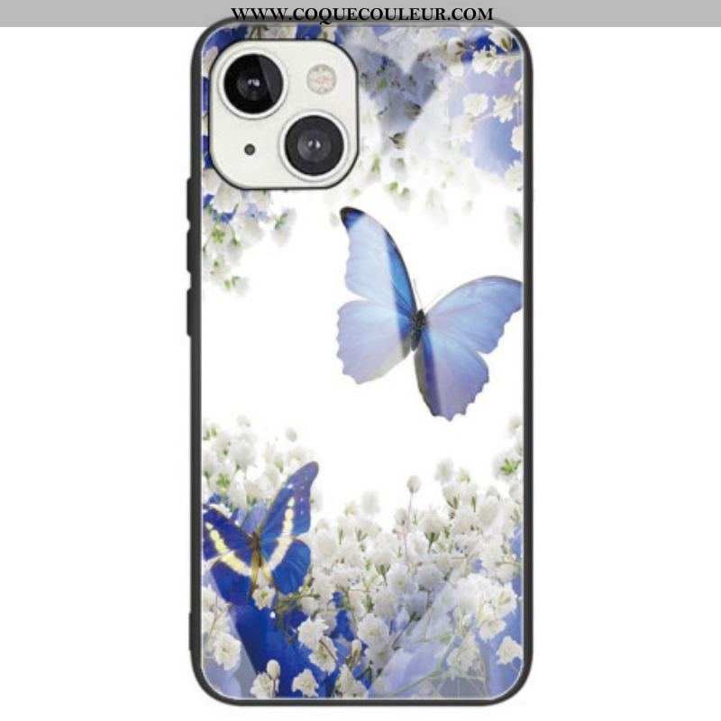 Coque iPhone 14 Verre Trempé Papillons Bleus