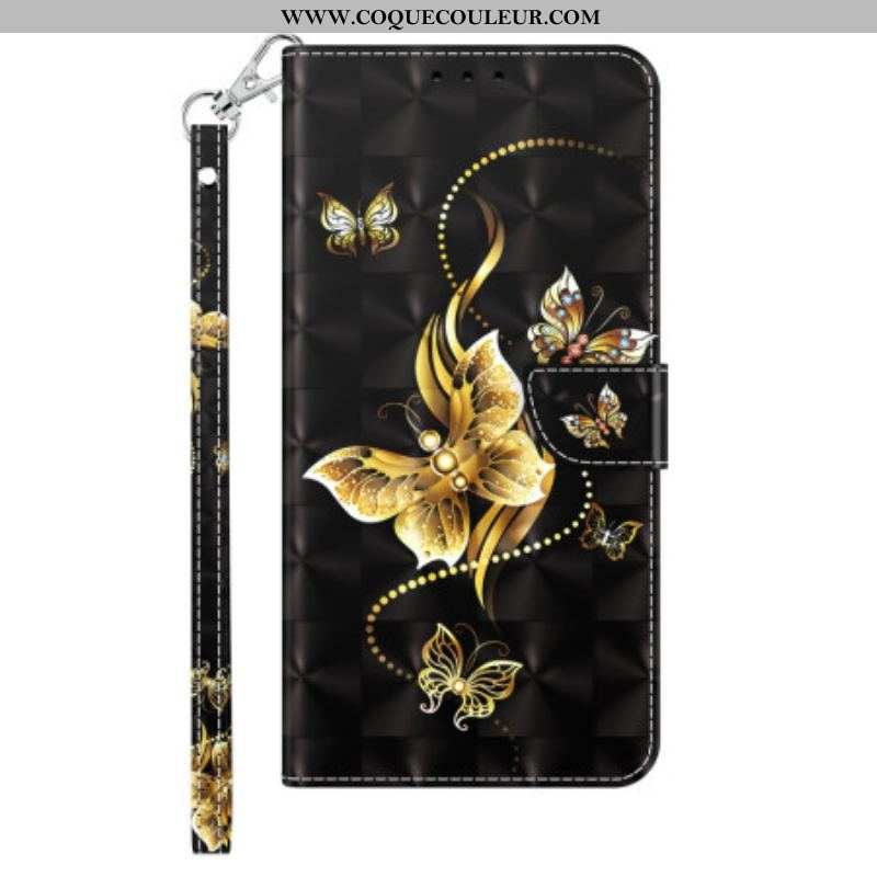 Housse iPhone 14 Papillons Dorés à Lanière