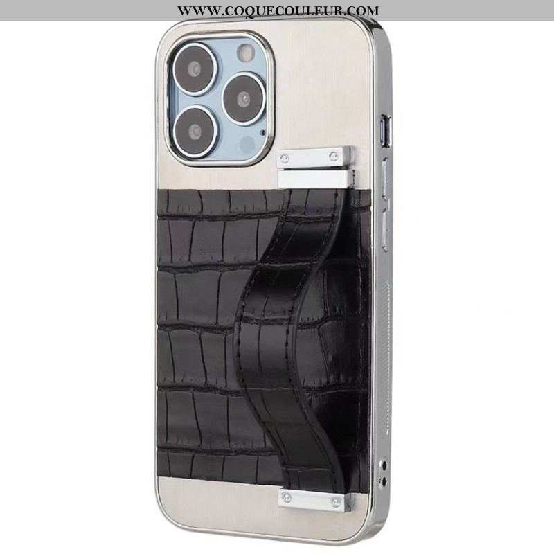 Coque iPhone 14 Simili Cuir Crocodile avec Sangle Support