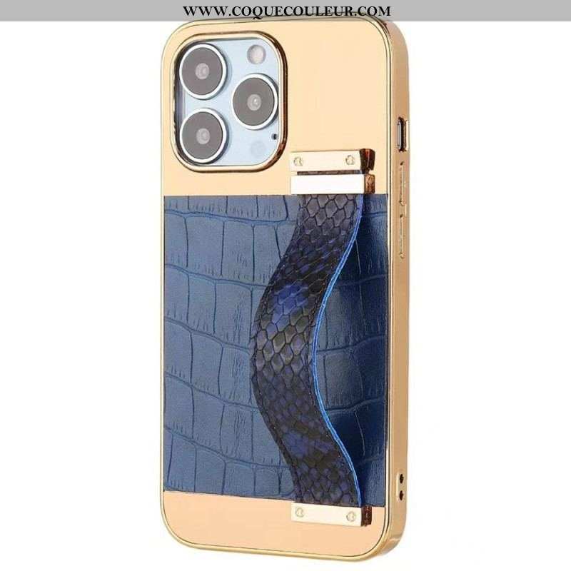 Coque iPhone 14 Simili Cuir Crocodile avec Sangle Support