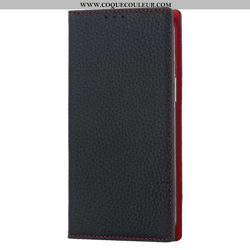 Flip Cover iPhone 14 Cuir Litchi Véritable à Lanière