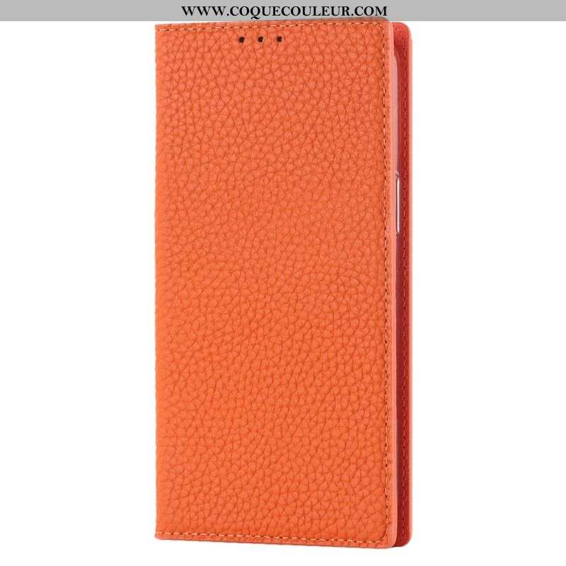 Flip Cover iPhone 14 Cuir Litchi Véritable à Lanière