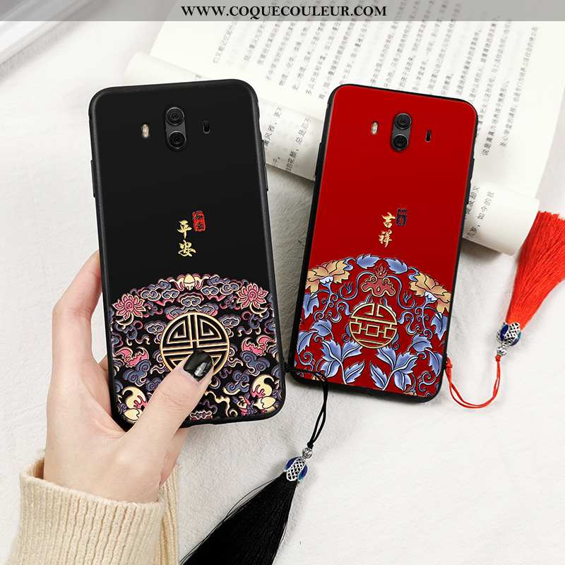 Étui Huawei Mate 10 Gaufrage Totem Étui, Coque Huawei Mate 10 Vintage Style Chinois Noir