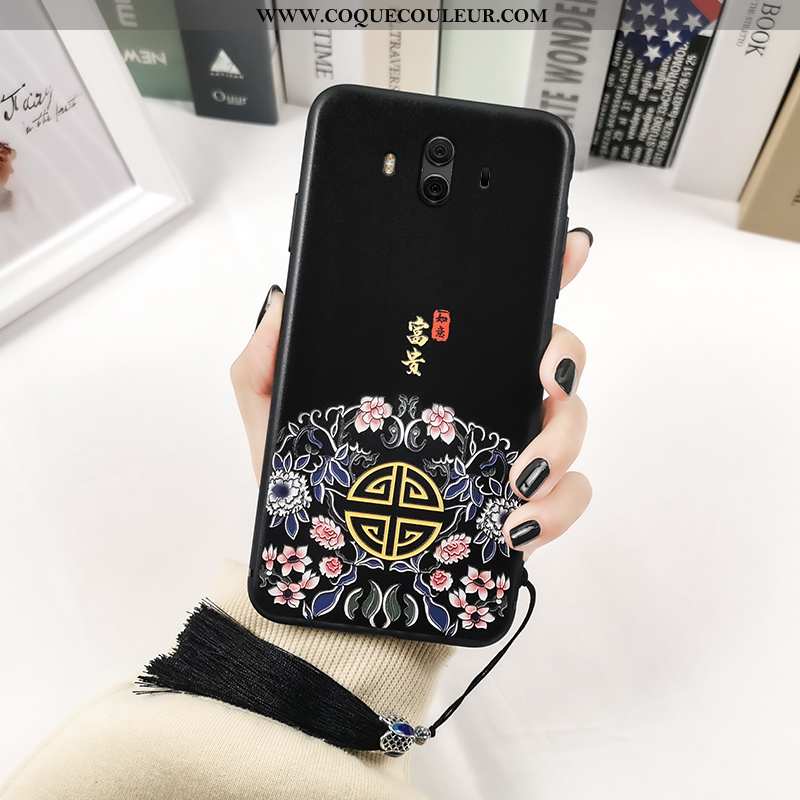 Étui Huawei Mate 10 Gaufrage Totem Étui, Coque Huawei Mate 10 Vintage Style Chinois Noir