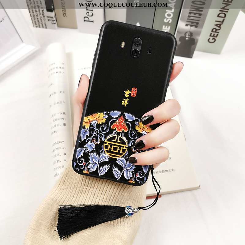 Étui Huawei Mate 10 Gaufrage Totem Étui, Coque Huawei Mate 10 Vintage Style Chinois Noir