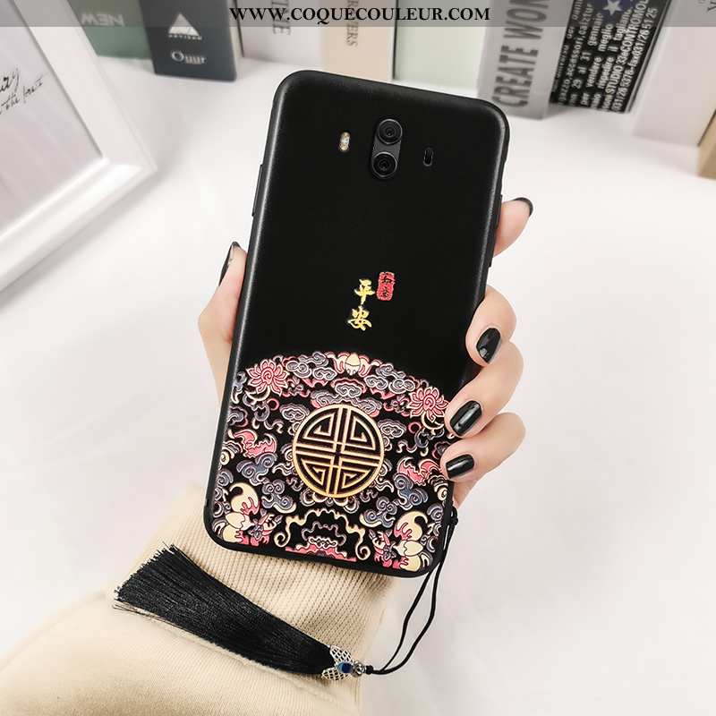 Étui Huawei Mate 10 Gaufrage Totem Étui, Coque Huawei Mate 10 Vintage Style Chinois Noir