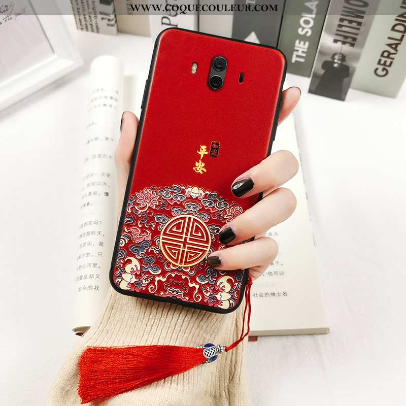 Étui Huawei Mate 10 Gaufrage Totem Étui, Coque Huawei Mate 10 Vintage Style Chinois Noir