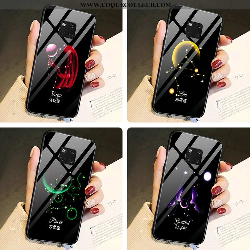 Coque Huawei Mate 20 Pro Verre Protection Étui, Housse Huawei Mate 20 Pro Dessin Animé Noir