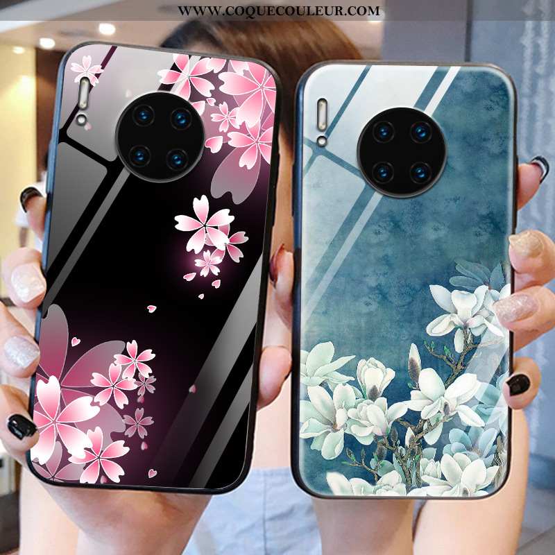 Coque Huawei Mate 30 Pro Légère Verre Fleur, Housse Huawei Mate 30 Pro Protection Miroir Noir