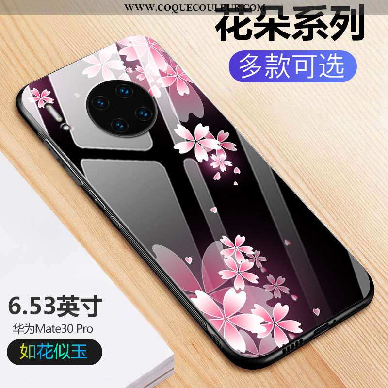 Coque Huawei Mate 30 Pro Légère Verre Fleur, Housse Huawei Mate 30 Pro Protection Miroir Noir