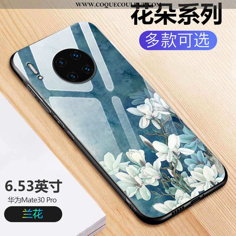 Coque Huawei Mate 30 Pro Légère Verre Fleur, Housse Huawei Mate 30 Pro Protection Miroir Noir