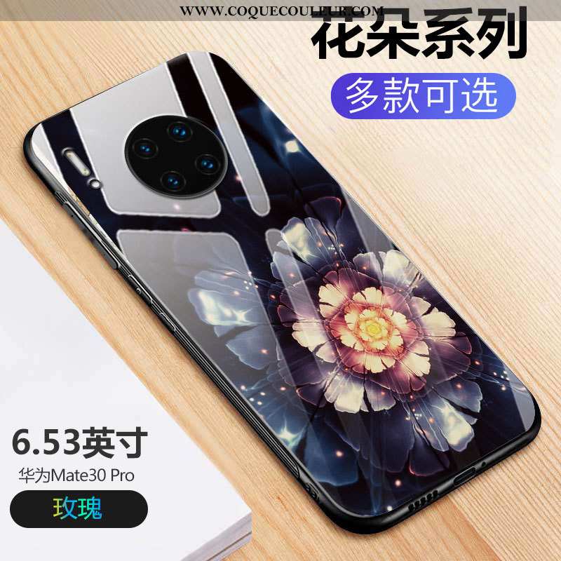 Coque Huawei Mate 30 Pro Légère Verre Fleur, Housse Huawei Mate 30 Pro Protection Miroir Noir