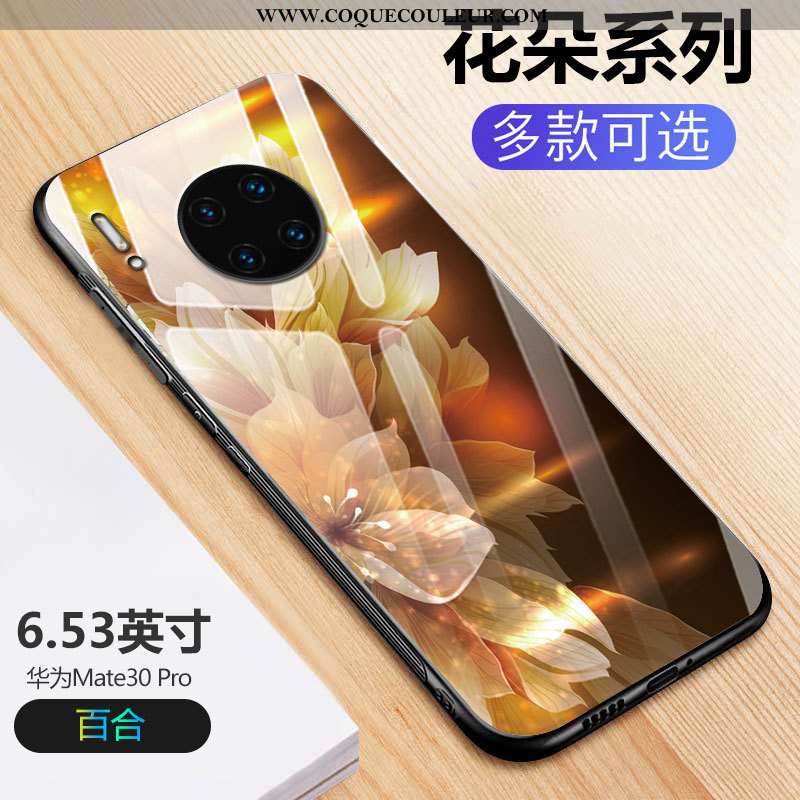 Coque Huawei Mate 30 Pro Légère Verre Fleur, Housse Huawei Mate 30 Pro Protection Miroir Noir