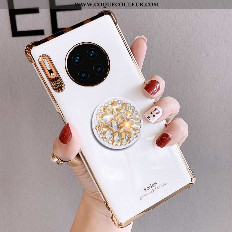 Housse Huawei Mate 30 Pro Strass Support Luxe, Étui Huawei Mate 30 Pro Créatif Nouveau Blanche