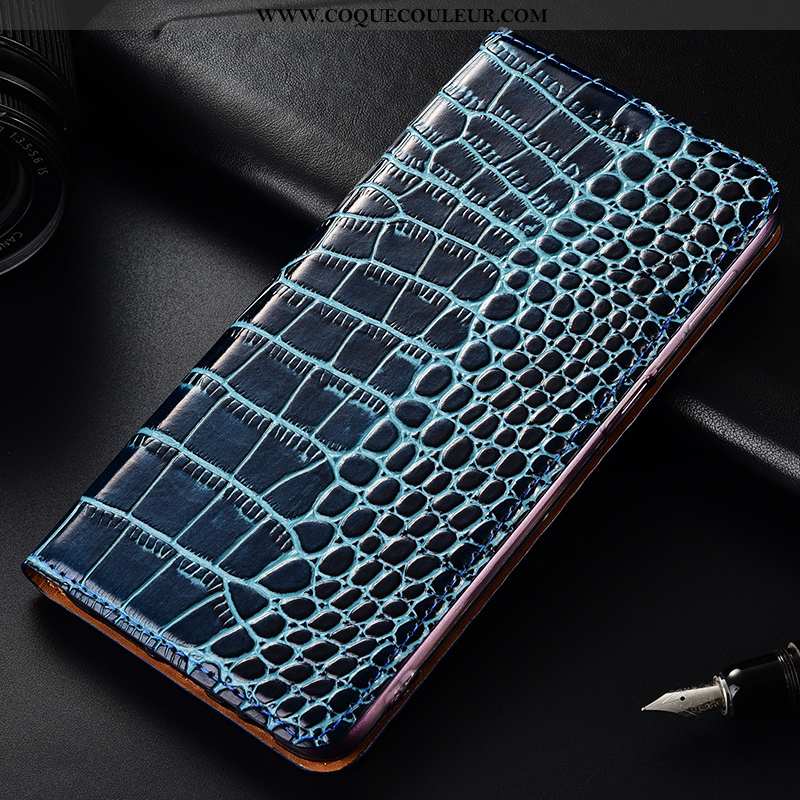 Coque Huawei P Smart Cuir Véritable Bleu, Housse Huawei P Smart Cuir Modèle Fleurie Bleu