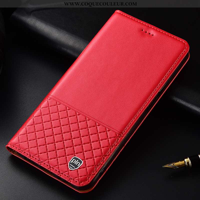 Coque Huawei P Smart Cuir Véritable Plaid, Housse Huawei P Smart Cuir Téléphone Portable Rouge