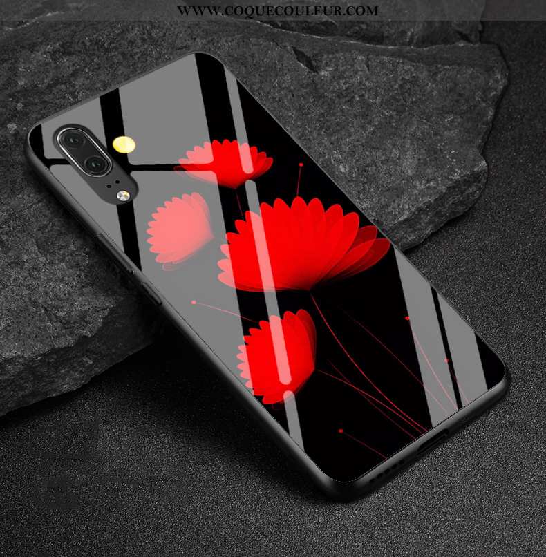 Coque Huawei P20 Verre Téléphone Portable Protection, Housse Huawei P20 Dessin Animé Miroir Rouge