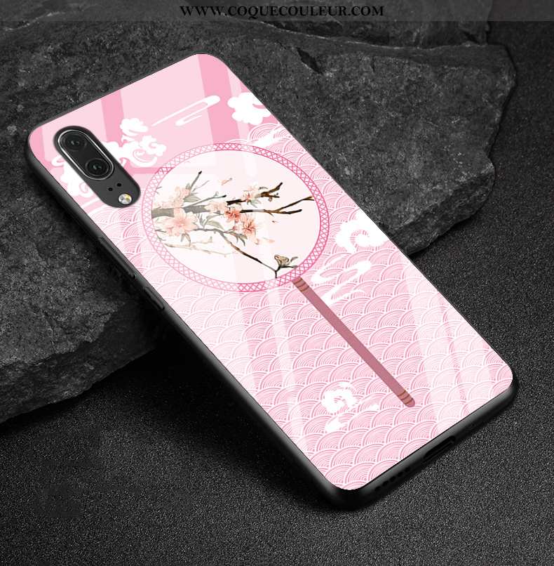 Housse Huawei P20 Cuir Véritable Rose Étui, Étui Huawei P20 Protection Amoureux