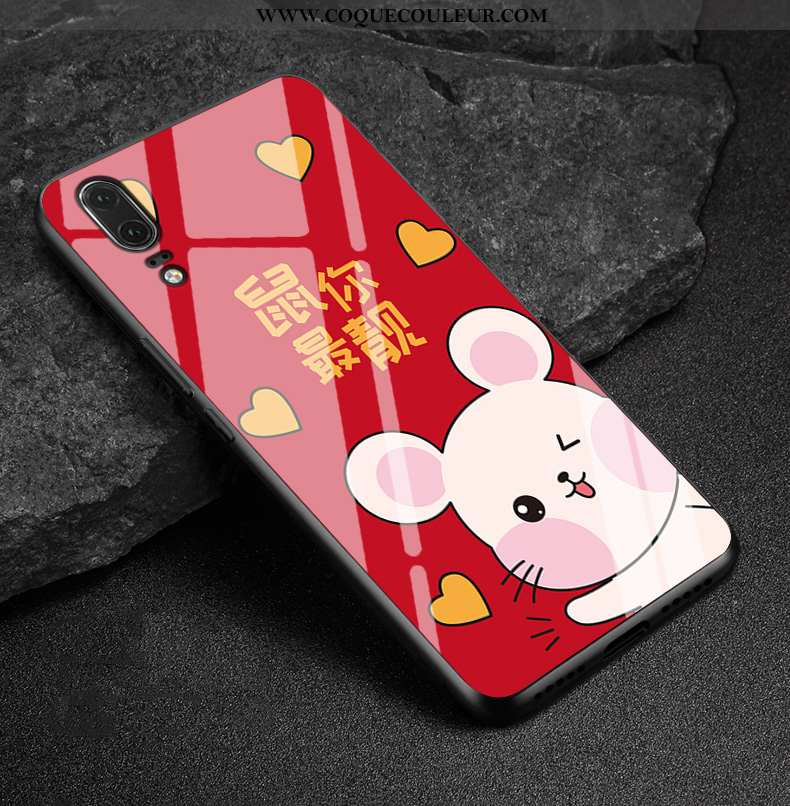 Étui Huawei P20 Verre Richesse Fluide Doux, Coque Huawei P20 Cuir Véritable Rouge