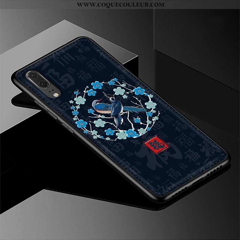 Housse Huawei P20 Gaufrage Tendance Cuir, Étui Huawei P20 Cuir Véritable Silicone Bleu Foncé