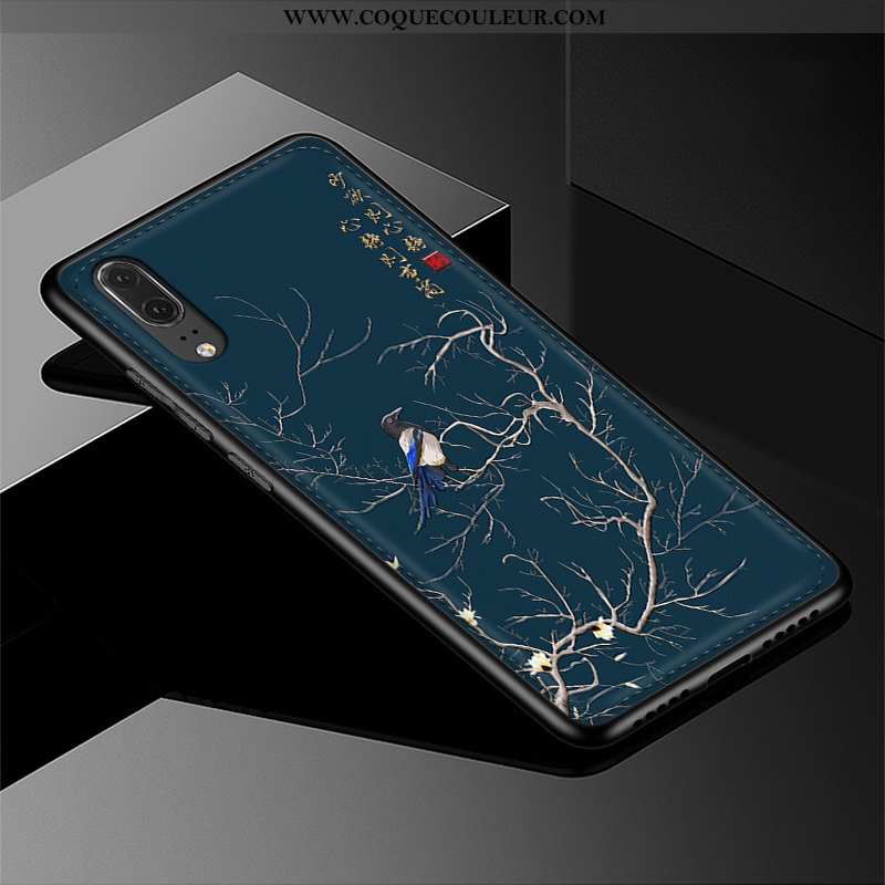 Housse Huawei P20 Gaufrage Tendance Cuir, Étui Huawei P20 Cuir Véritable Silicone Bleu Foncé