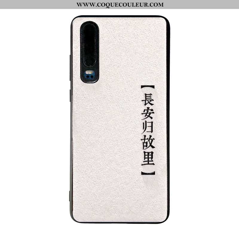 Étui Huawei P30 Gaufrage Noir Longue, Coque Huawei P30 Soie Mulberry Blanc Blanche