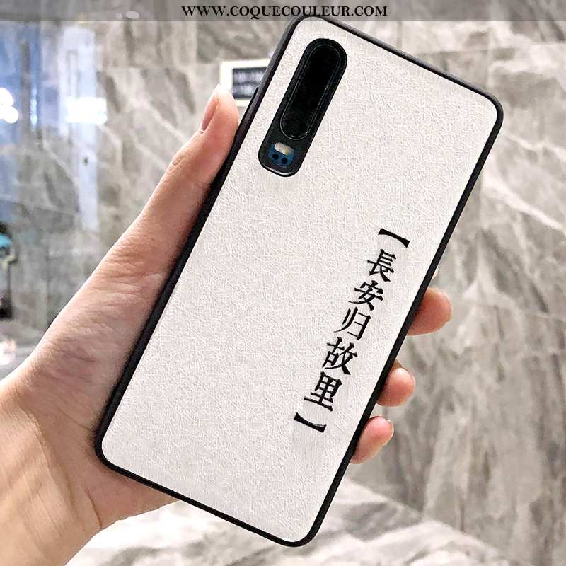 Étui Huawei P30 Gaufrage Noir Longue, Coque Huawei P30 Soie Mulberry Blanc Blanche