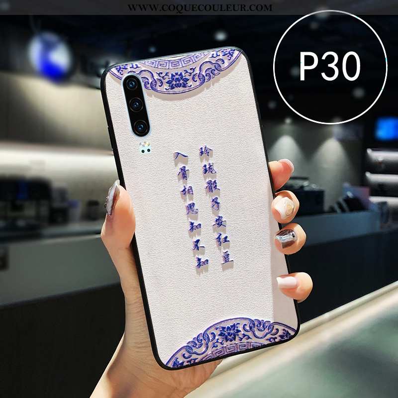 Étui Huawei P30 Fluide Doux Net Rouge Style Chinois, Coque Huawei P30 Silicone Cuir Bleu