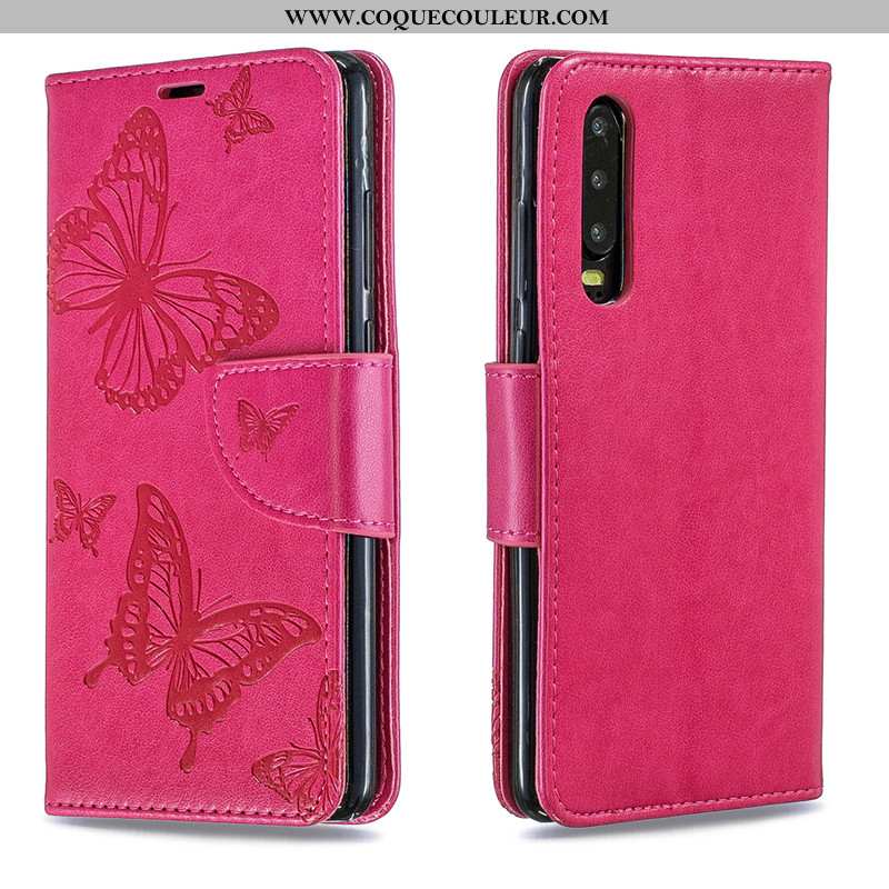 Housse Huawei P30 Ornements Suspendus Téléphone Portable Cuir, Étui Huawei P30 Gaufrage Rouge Rose