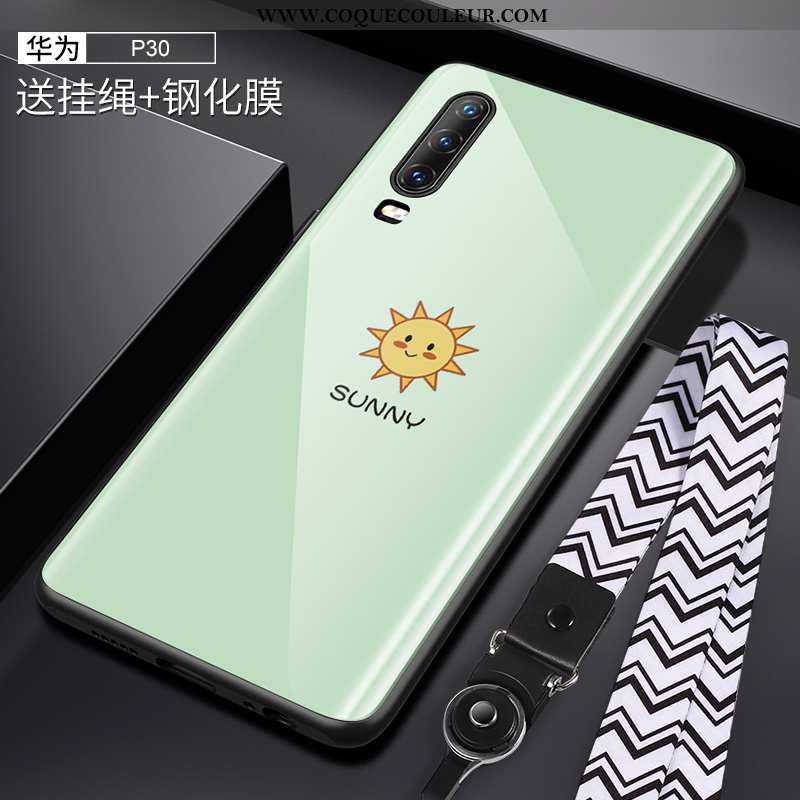 Étui Huawei P30 Protection Coque Cou Suspendu, Huawei P30 Verre Créatif Verte