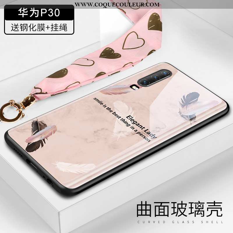 Coque Huawei P30 Verre Cou Suspendu Plume, Housse Huawei P30 Ornements Suspendus Créatif Rose