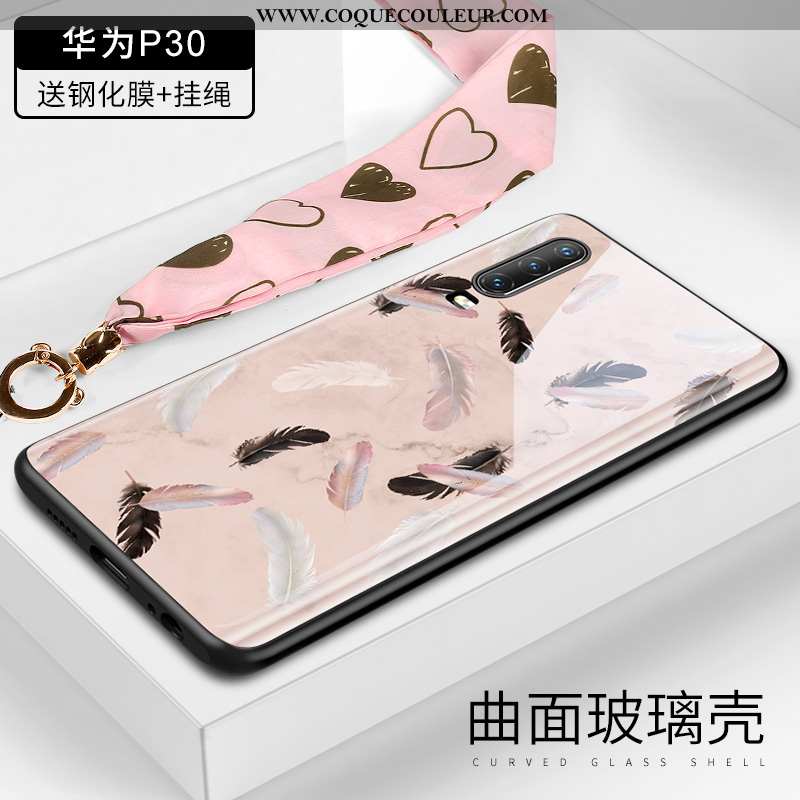 Coque Huawei P30 Verre Cou Suspendu Plume, Housse Huawei P30 Ornements Suspendus Créatif Rose