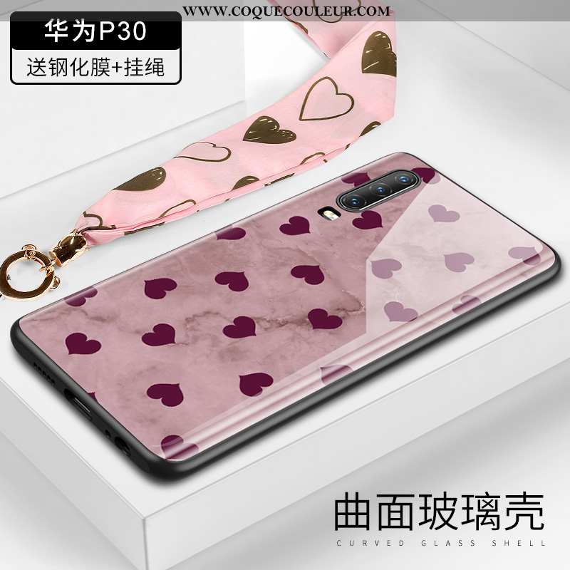 Coque Huawei P30 Verre Cou Suspendu Plume, Housse Huawei P30 Ornements Suspendus Créatif Rose