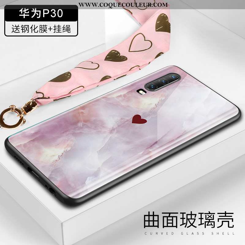 Coque Huawei P30 Verre Cou Suspendu Plume, Housse Huawei P30 Ornements Suspendus Créatif Rose