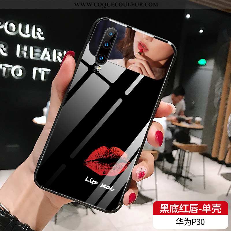 Coque Huawei P30 Tendance Simple Rouge, Housse Huawei P30 Verre Étui Blanche