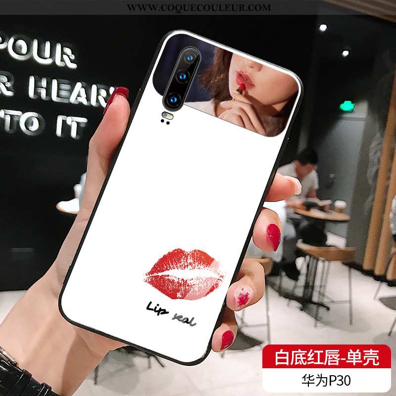 Coque Huawei P30 Tendance Simple Rouge, Housse Huawei P30 Verre Étui Blanche