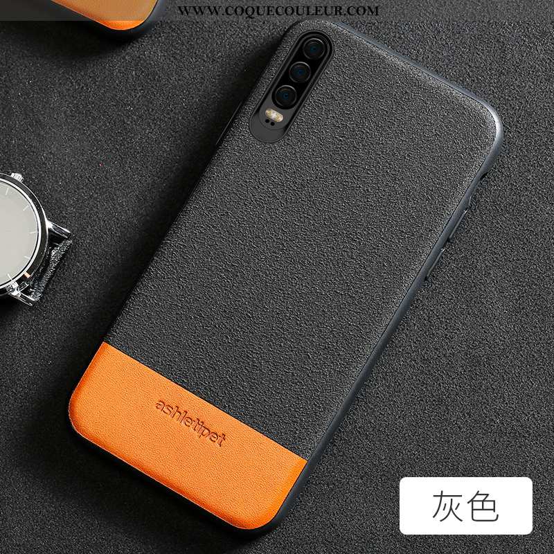 Coque Huawei P30 Cuir Épissure Créatif Véritable, Housse Huawei P30 Daim Fourrure Luxe Gris