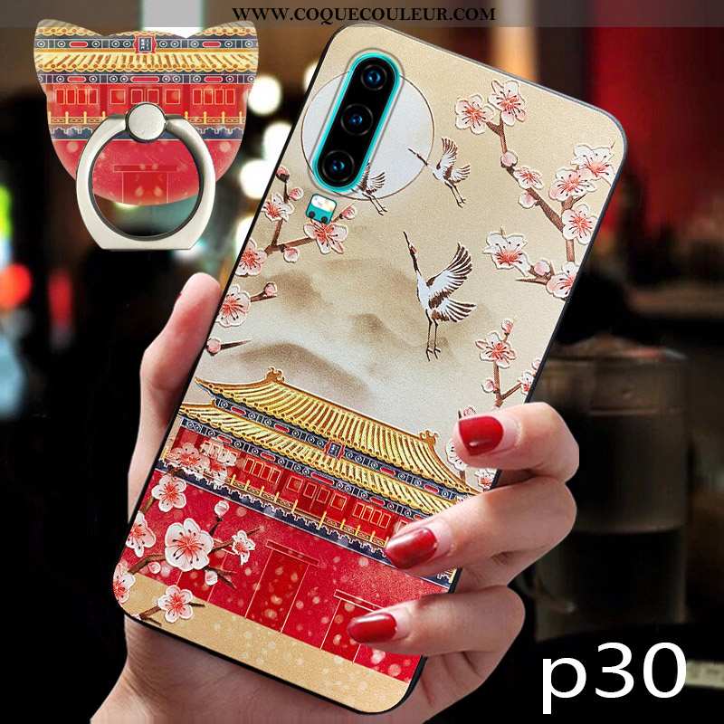 Housse Huawei P30 Fluide Doux Tendance Style Chinois, Étui Huawei P30 Silicone Créatif Rouge