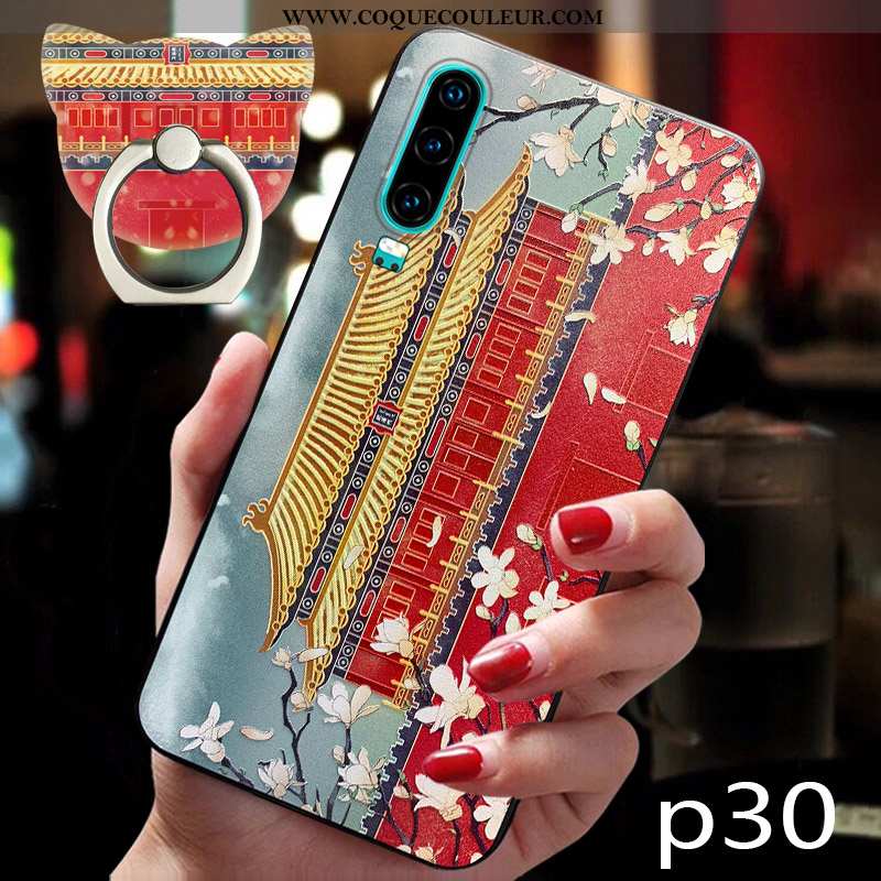 Housse Huawei P30 Fluide Doux Tendance Style Chinois, Étui Huawei P30 Silicone Créatif Rouge