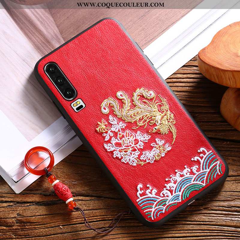 Coque Huawei P30 Gaufrage Cuir Tendance, Housse Huawei P30 Vintage Style Chinois Rouge