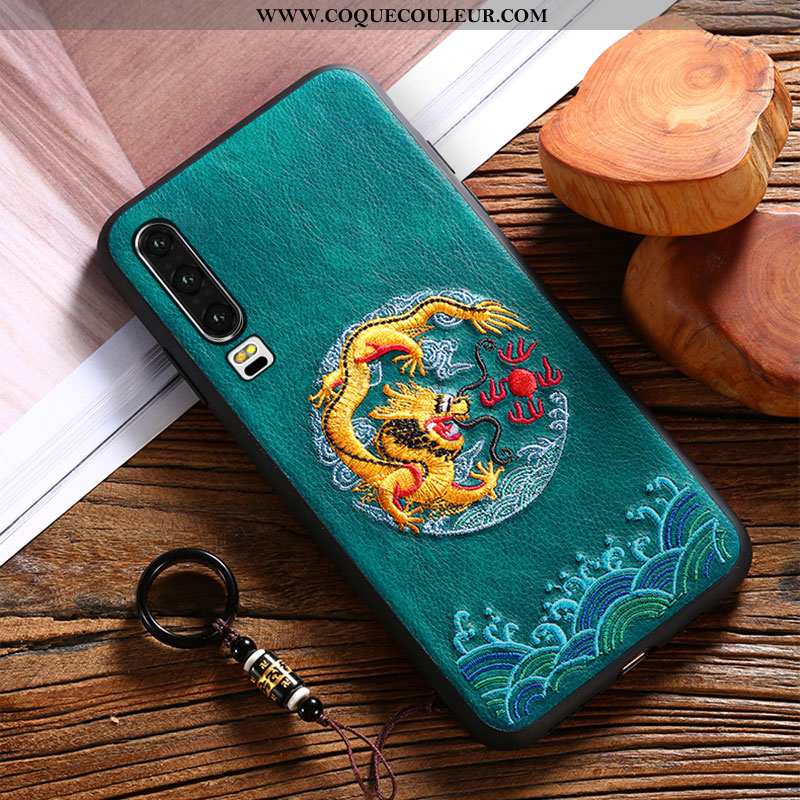 Coque Huawei P30 Gaufrage Cuir Tendance, Housse Huawei P30 Vintage Style Chinois Rouge
