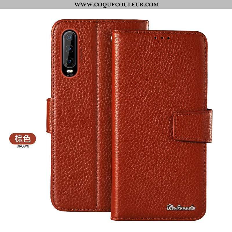 Housse Huawei P30 Portefeuille Étui Marron, Huawei P30 Cuir Véritable Jeunesse Marron