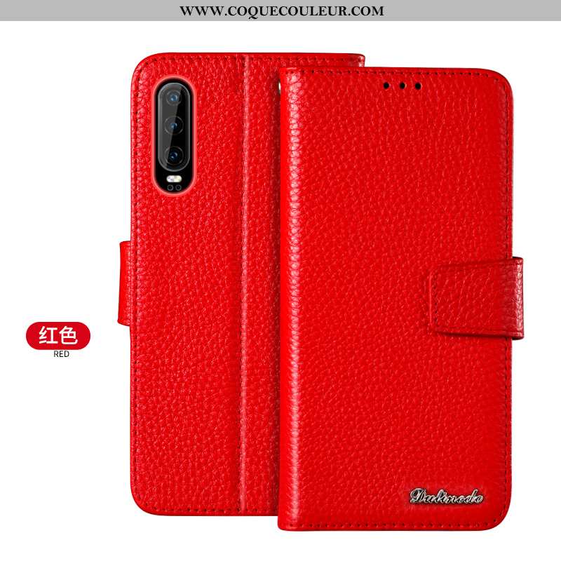 Housse Huawei P30 Portefeuille Étui Marron, Huawei P30 Cuir Véritable Jeunesse Marron