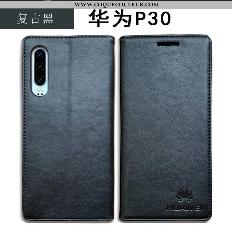 Housse Huawei P30 Cuir Véritable Noir Housse, Étui Huawei P30 Cuir Incassable Bleu Foncé