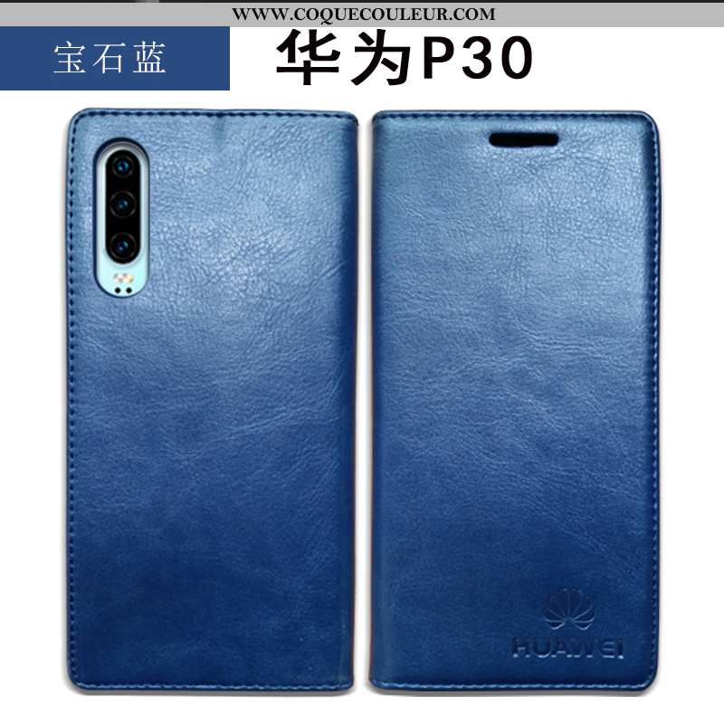 Housse Huawei P30 Cuir Véritable Noir Housse, Étui Huawei P30 Cuir Incassable Bleu Foncé