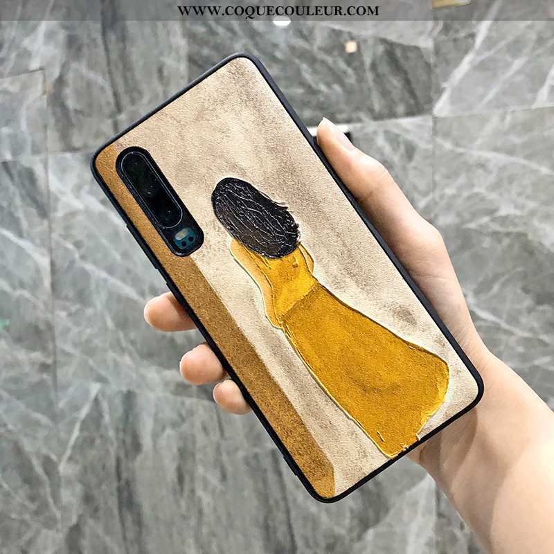 Étui Huawei P30 Protection Soie Mulberry Étui, Coque Huawei P30 Gaufrage Art Jaune