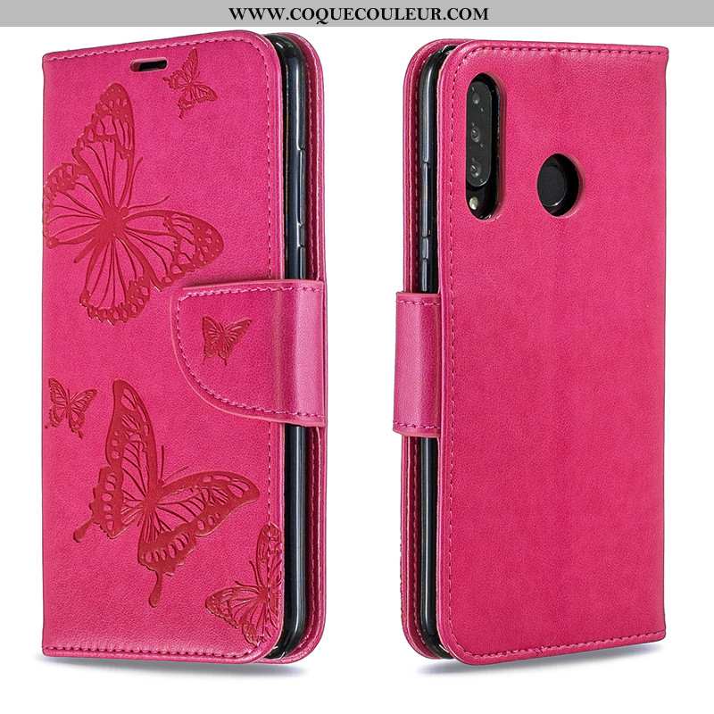 Étui Huawei P30 Lite Gaufrage Papillon Étui, Coque Huawei P30 Lite Cuir En Relief Rose