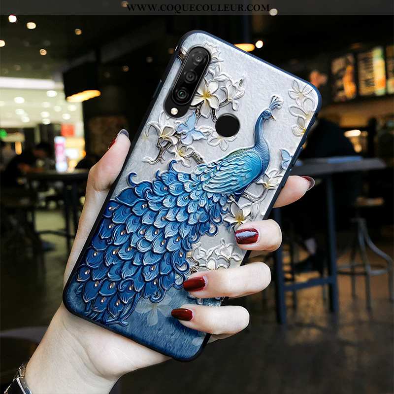 Étui Huawei P30 Lite Protection Style Chinois Fluide Doux, Coque Huawei P30 Lite Délavé En Daim Bleu