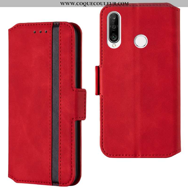 Housse Huawei P30 Lite Xl Cuir Carte Étui, Étui Huawei P30 Lite Xl Téléphone Portable Tempérer Rouge